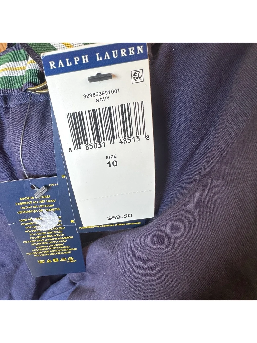 Polo Ralph Lauren Navy Blue Boys' Pants with Striped Belt Size 10 NWT